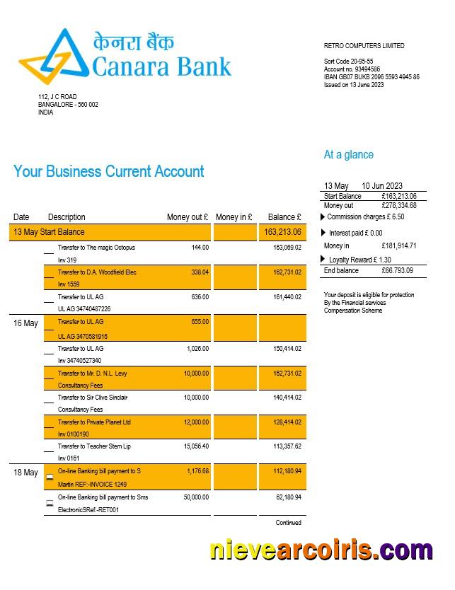 Canara Bank corporate checking account statement